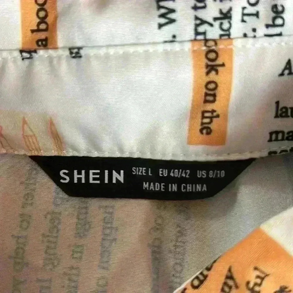 Newspaper All over Print Slogan Collared Button Front Drop Shoulder Blouse, L - Picture 7 of 13